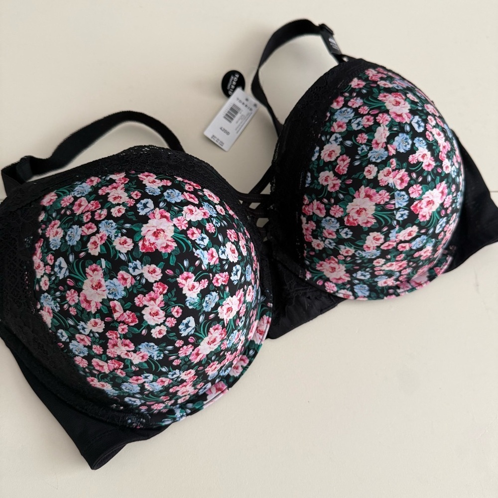 Torrid NWT Rosewood Black Roses Flowers Spring 42DD Bra Plunge Push-Up Coquette - Picture 5 of 8